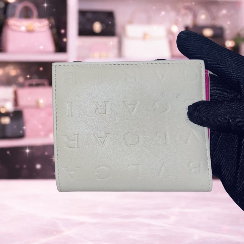 BVLGARI White Leather Compact Zip Wallet